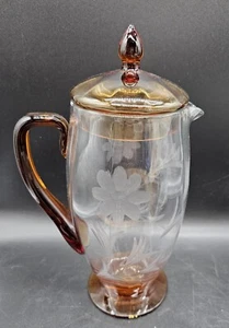 Tiffin Franciscan Amber And Clear Pitcher With Lid Uranium GLOWS Vintage Etched - Picture 1 of 13