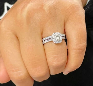 Emerald And Round Moissanite Engagement Ring And Band Halo 14k White Gold 1.80ct - Picture 1 of 12