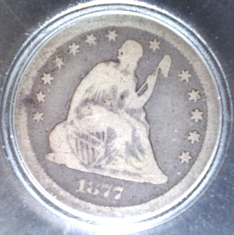 1877 CC Seated Liberty 25C, Famous Carson City Branch Mint, VG details Even Wear Cover