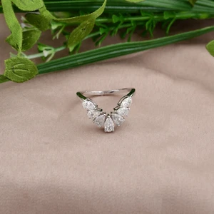 V Shape 1.24 Ct Lab Grown CVD Pear Diamond Chevron Ring 14k White Solid Gold - Picture 1 of 9