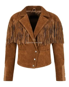 Woman Vintage 90s Fringe Tan Cow Suede Leather Western Short Body Leather Jacket - Picture 1 of 5