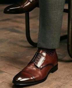 Men's Handmade Dark Brown Genuine Leather Cap Toe Lace Up Formal Dress Shoes - Picture 1 of 6