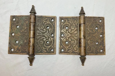 Pair antique 19th century ornate solid heavy brass bronze door hinges hardware - Image 1 of 4