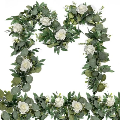 2 Pack 13Ft Artificial Eucalyptus Flower Garland with White Roses, Fake Rose ... - Image 1 of 4