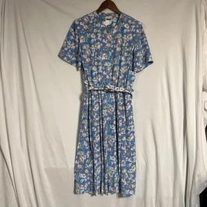 Vintage Leslie Fay Midi Secretary Dress Size 12 Pleated Skirt Modest Blue Floral - Picture 1 of 8