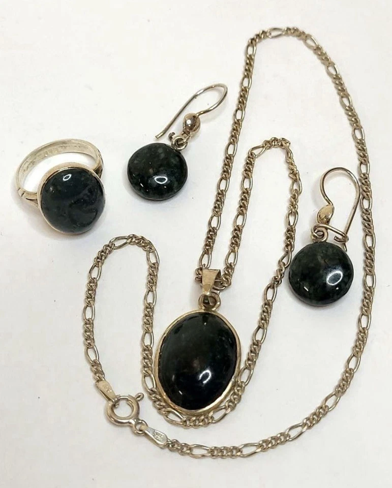 Серебро 925 зеленый мох агат ожерелье, серьги и кольцо комплект шикарный! - Изображение 1 из 4