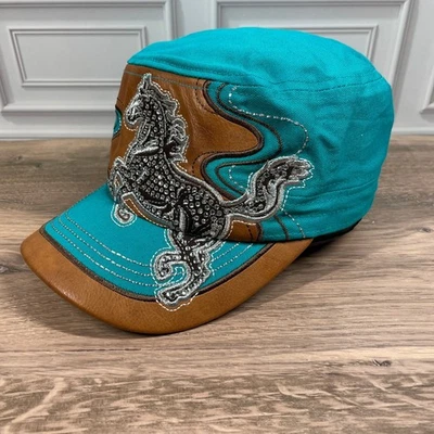 KB Ethos Turquesa Imitación Cuero Bordado Caballo Estrás Cadete Sombrero Gorra Mujeres Foto 1 de 4