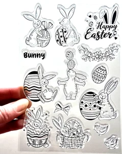 Clear Stamps EASTER EGGS BUNNIES Rabbit Chick Happy Rubber Stamping Card Making - Picture 1 of 9