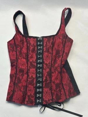 90s Y2k Black Corset Bustier Top Satin Bow Trim Lace Up Back Whimsygoth Goth - Image 1 of 4