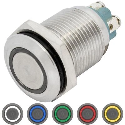 Stainless steel Push button Flat Ø16mm Ring LED IP65 Screw Connection 250V 3A Va - Image 1 of 3