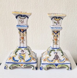 Pair 19th Century Antique Candle Sticks Fourmaintraux Freres Desvres Faience - Picture 1 of 14