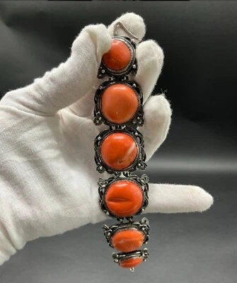 93,2 грамма антикварный тибетский китайский коралловый серебряный браслет украшение ювелирные изделия - Изображение 1 из 2