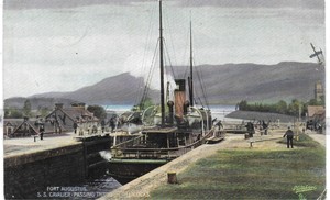 VINTAGE POSTCARD,S.S CAVALIER,PASSING THROUGH LOCKS,FORT AUGUSTUS,SCOTLAND,1908