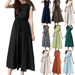 Women Vintage Short Sleeve Dress Cotton Linen Drawstring Waist A Line Long Dress - Picture 1 of 51
