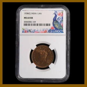 British India 1/4 (Quarter) Anna, 1938 (C) Calcutta NGC MS 64 RB King George VI - Picture 1 of 2