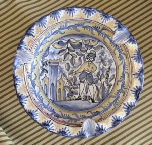 PORTUGESE Pottery Majolica Footed Bowl Hand Painted Portugal Blue Yellow Vintage - Picture 1 of 3