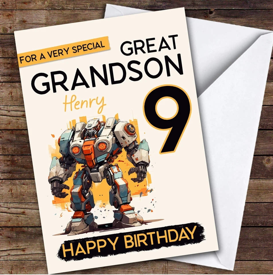 9th Great Grandson Super Robot Boys Custom Personalised Birthday Card - Image 1 of 1