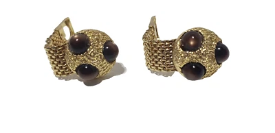 Vintage Cufflinks Brown CATEYE on Gold Plated Brass Viking Mesh - Изображение 1 из 4