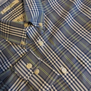 ORVIS Men's Plaid Strech Dress Shirt, Long Sleeve Blue, White & Green Cotton - Picture 1 of 7