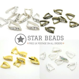 8 X BRASS PINCH BAIL PENDANT FINDINGS WITH RHINESTONES 12X8MM - PICK COLOUR - Picture 1 of 5