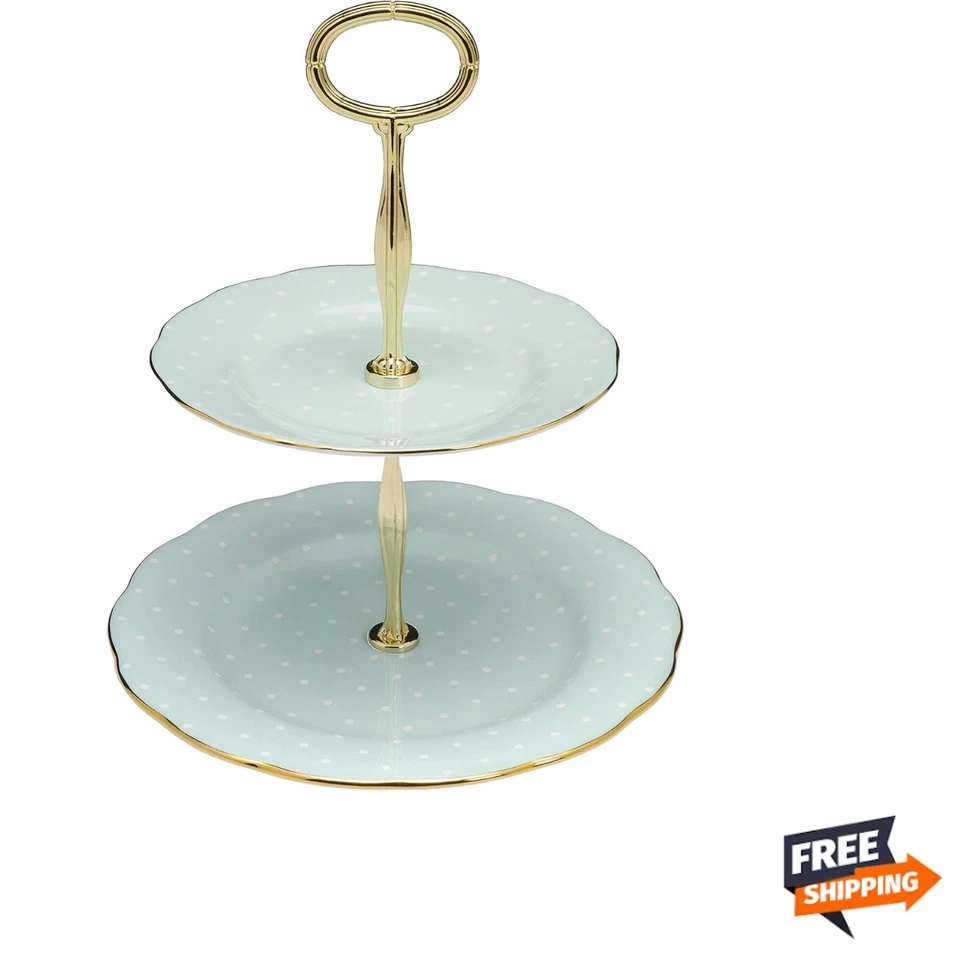 Vibrante Soporte para Pasteles Vintage Rosa Polka Dos Niveles - Excepcional Diseño de China de Hueso Foto 1 de 4