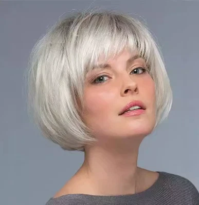 Short Bob Cut Roooted Silvery Synthetic Hair Wigs Soft Natural Daily Use - Image 1 of 4