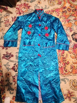 VTG Teal Silk Asian Chinese Embroidered Dress Coat Robe - Image 1 of 4