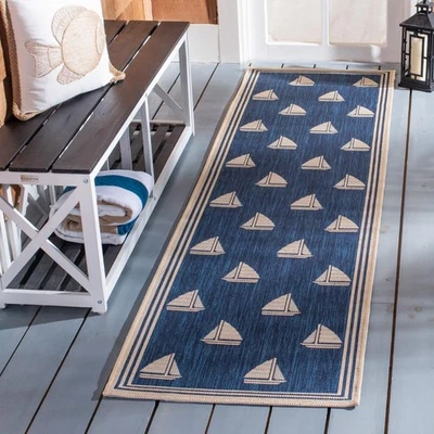 Courtyard Collection 2'3"x8' Navy Beige Indoor Outdoor Waterproof Runner Rug - Image 1 of 3