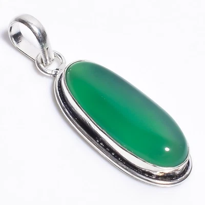 Pingente de prata pedra preciosa verde natural calcedônia joia vintage 2,1" presente PW157 - Imagem 1 de 4