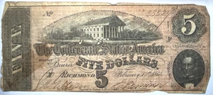 1864 $5 CONFEDERATE STATES OF AMERICA NOTE RICHMOND VA. BW15 - Picture 1 of 2