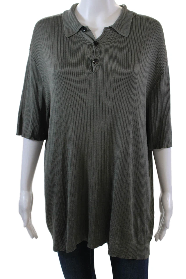 Camiseta polo Donna Karan New York para mujer de seda manga corta con botones verde talla L Foto 1 de 4