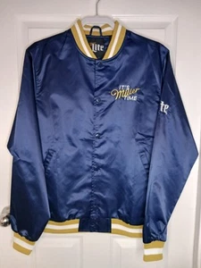 Vintage Miller Lite Jacket Men Medium Blue Satin Varsity Promo Windbreaker - Picture 1 of 7