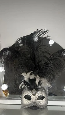 Black & Silver Feather Masquerade Mask, Venetian Style Colombina, Party Eye Mask - Image 1 of 4