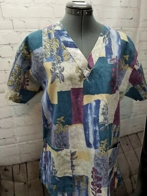 Scrubs Top Purple Teal And Tan Floral Size Med By Eco Scrubs - Image 1 of 4