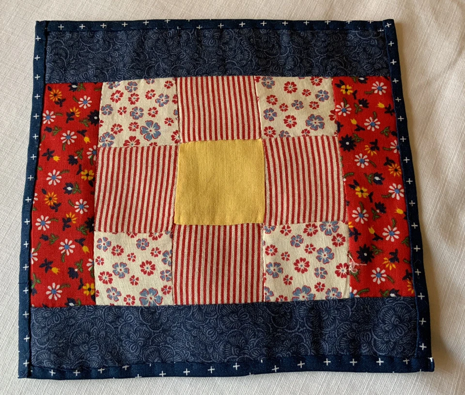 Vintage Patchwork Quilt Table Topper, 9 Patch, Calico Prints, Navy Blue, Red - Image 1 of 4