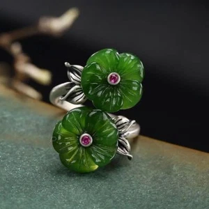 Green Jade Flower Rings Women Jewelry Natural 925 Silver Adjustable Ring Carved - Picture 1 of 4