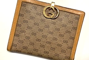 OLD GUCCI 1970s PORTER GOLD GG INTERLOCKING PVC LEATHER WALLET ITALY BROWN - Picture 1 of 24