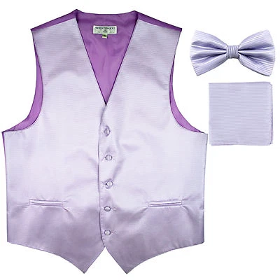 New Men's Horizontal Stripes Tuxedo Vest Waistcoat_bowtie & Hankie Lavender prom - Image 1 of 4