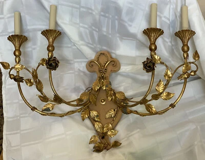 Vintage Italian Gold Gilt Tole French Fleur De Lis Wall Sconce Candelabra Lamp - Image 1 of 4