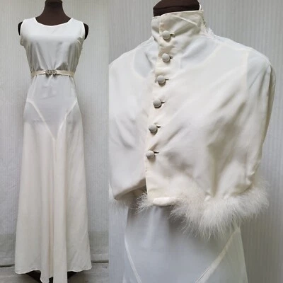 GORGEOUS Vintage 1930s Ivory Dress w/ Belt and Feather Trimmed Capelet - Size S - Image 1 of 4