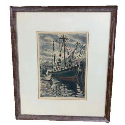 JOSEPH MARGULIES Original De Colección Enmarcado y Firmado “Escena de Puerto” Acuarela Sobre Papel Foto 1 de 4