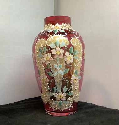 Bohemian Moser Type  Enameled Vase Cranberry Raised Gold & Pink Flower Gilt - Image 1 of 4