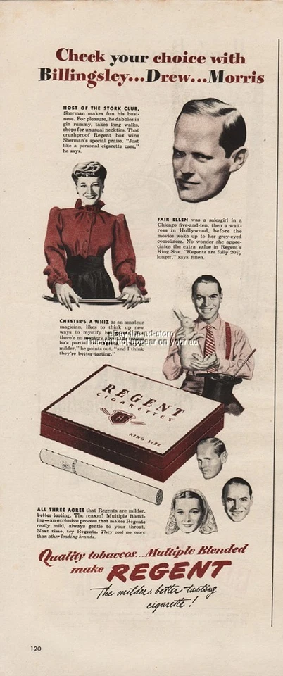 1945 Regent Cigarettes Ad Sherman Billingsley Ellen Drew Chester Morris - Imagem 1 de 1