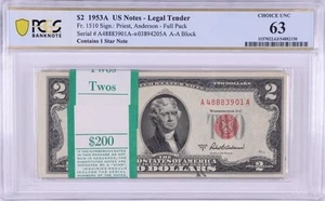 FULL PACK 100 SEQUENTIAL 1953B $2 RED SEAL NOTES UNC PCGS 63 Legal Tender - Picture 1 of 2