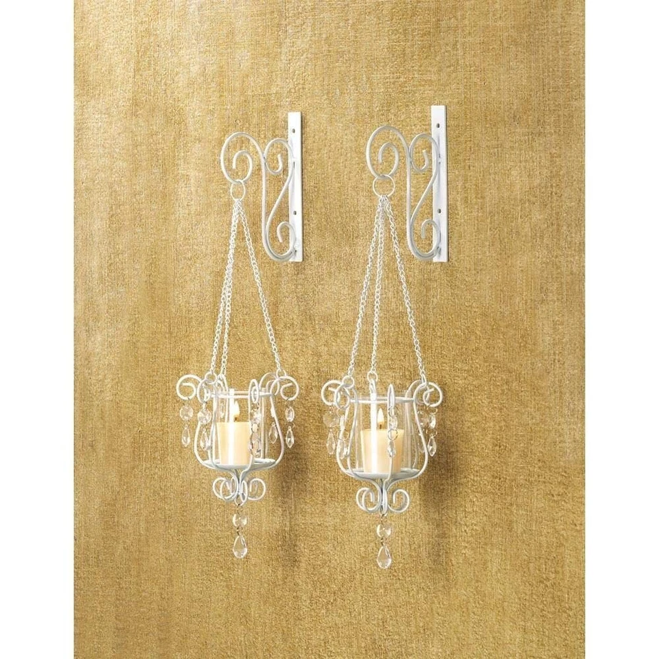 2 White Chic Shabby Hurricane Crystal Hanging Candle Holder Wall Sconce Pair Set