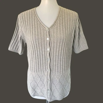 Cárdigan suéter vintage años 90 tejido acanalado manga corta cuello en V L grande beige tostado Foto 1 de 4