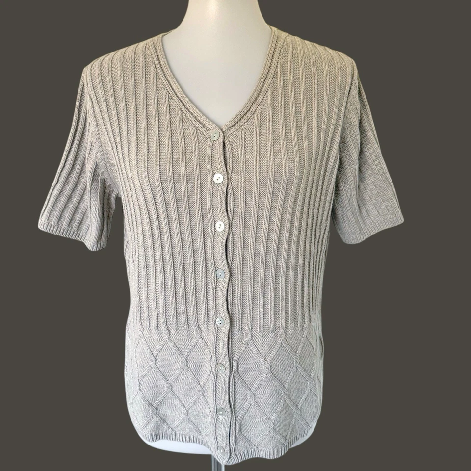 Cárdigan suéter vintage años 90 tejido acanalado manga corta cuello en V L grande beige tostado Foto 1 de 4
