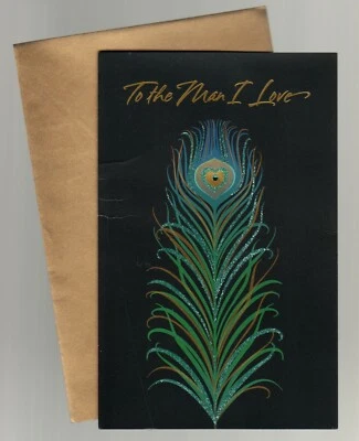 Tarjeta de cumpleaños pluma de pavo real, al hombre que amo brillante negro verde azul dorado  Foto 1 de 3
