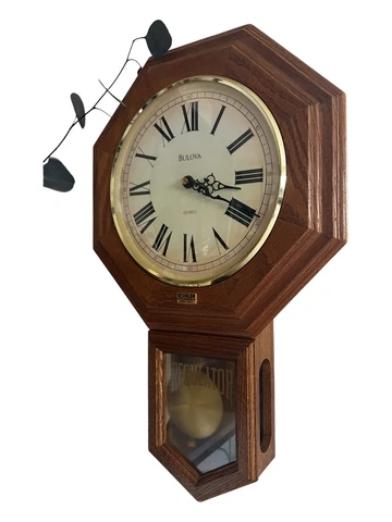 Antique Regulator Pendulum Wall Clock Bulova Quartz Oak and Yellow Gold Cover