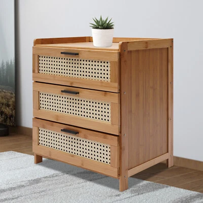 Bamboo Wood Bedside Table End Table 3 Sliding Drawers Nightstand Storage Cabinet - Image 1 of 4